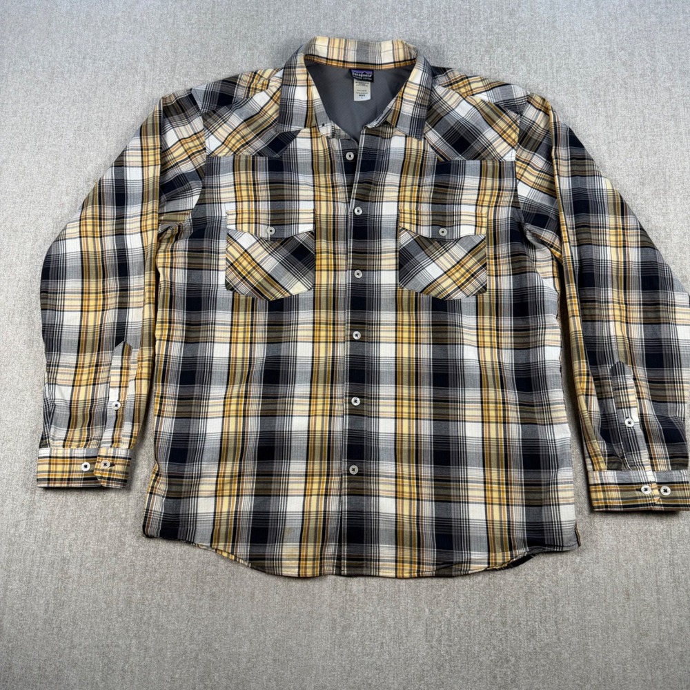 Patagonia Button Down Shirt Mens Large Yellow Plaid Organic Cotton Western Yoke